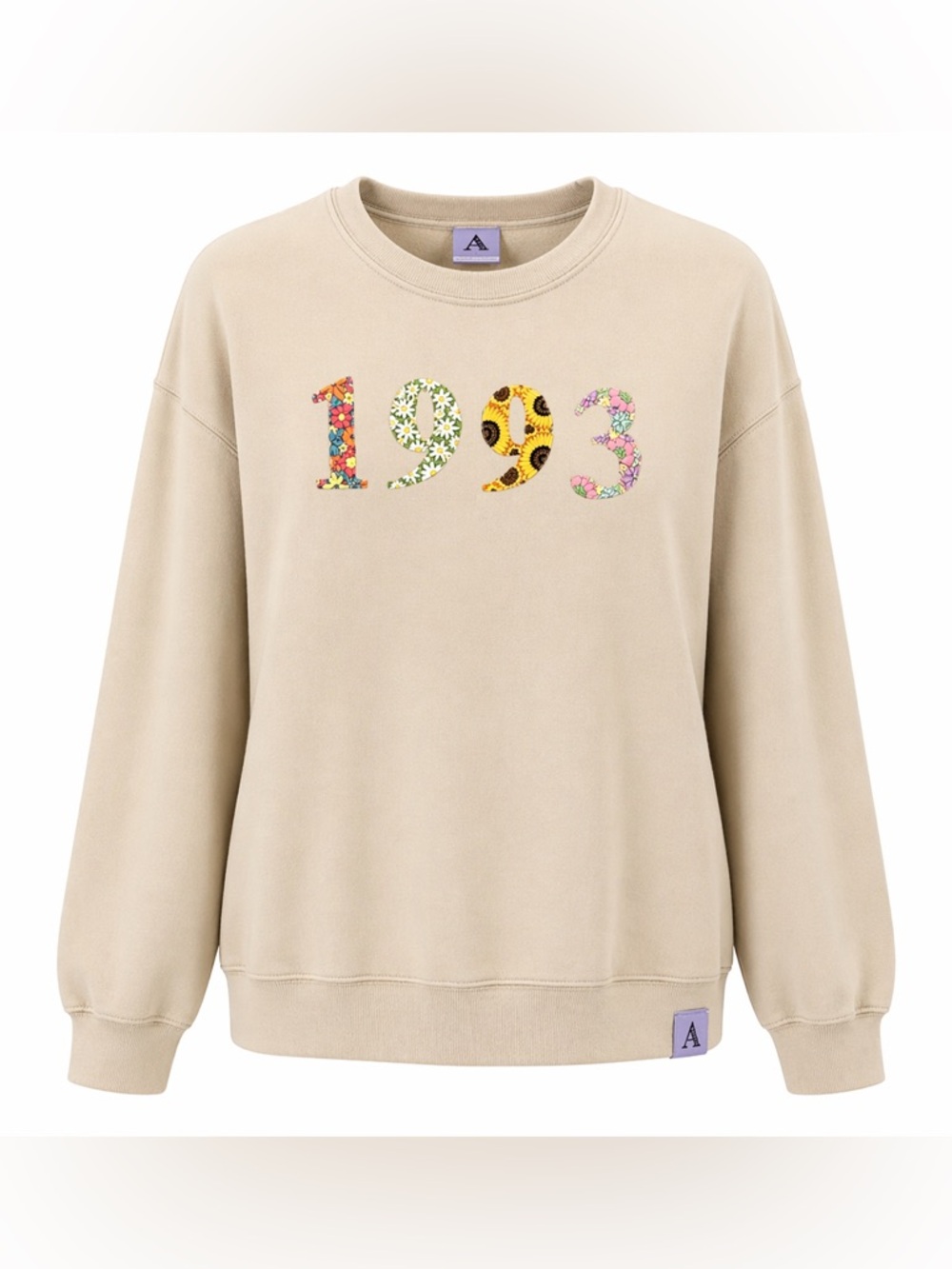Handmade 1993 Floral Embroidered Crewneck Sweatshirt Beige Cozy Retro 90s